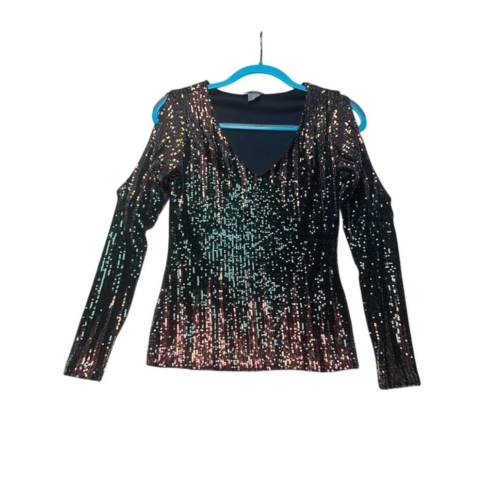Venus Womens XS Iridescent Sequin Cold Shoulder‎ V-Neck Long Sleeve Top Black